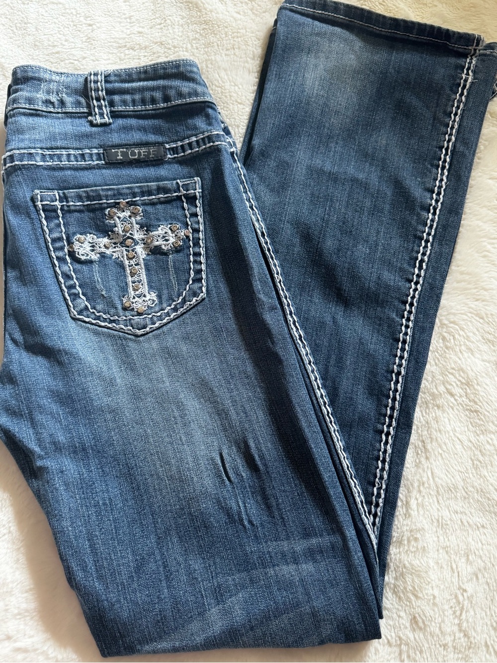 Cowgirl Tuff Dark Blue Boot Cut Jeans with Embellished Cross Pocket